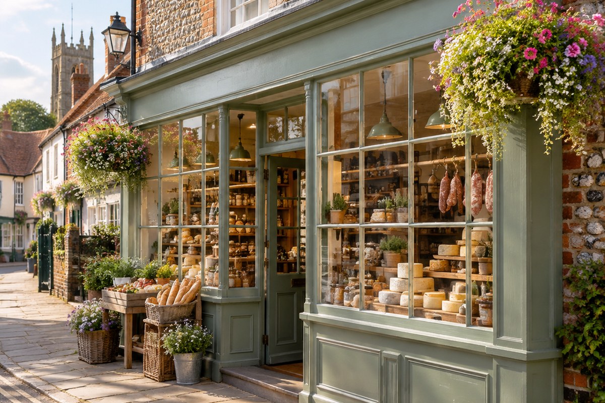 A sage-green shopfront on a market-town street, with a church tower behind