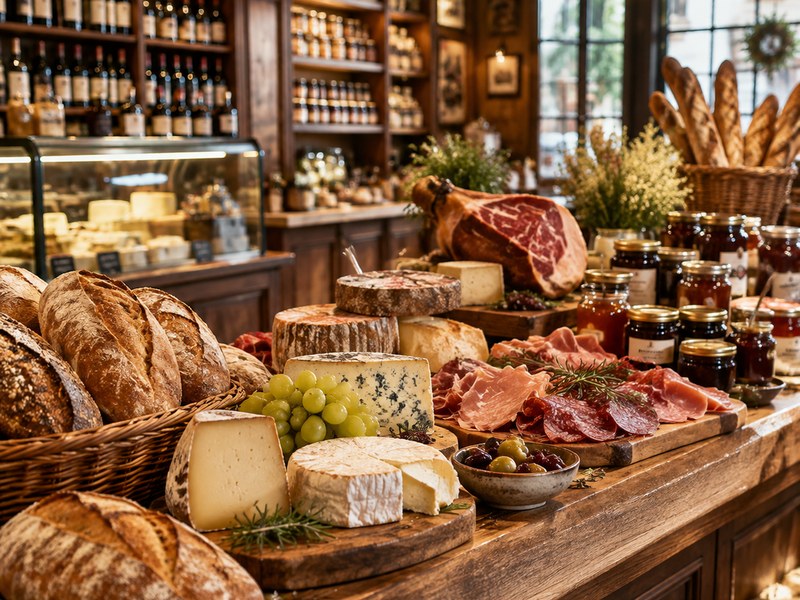 A deli counter with cheeses, cured meats, olives, bread and shelves of wine